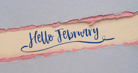Hello February - handwriting on a handmade paper, calendar concept, web banner