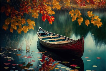 Obraz premium a painting of a boat on a lake with autumn leaves on the water and a tree with orange leaves in the background and a reflection of the water. generative ai