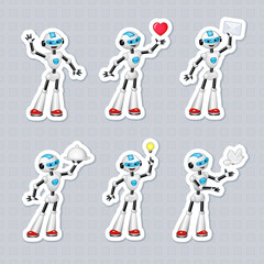 Sticker pack of cute cartoon robot in various poses. Printable vector illustration