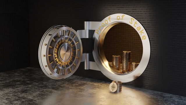 Large wall safe with ethereum tokens symbolizing the proof of stake concept.