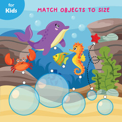 mini game for kids. choose the correct bubble size for each animal