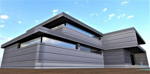 Upscale contemporary country house constructed according to exclusive design provided by the team of experienced architects. 3d rendering.