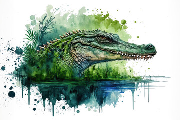 portrait of a crocodile in aquarelle style, ai generated - obrazy, fototapety, plakaty