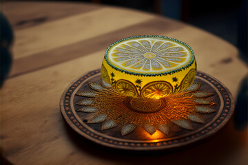 Fototapeta na wymiar Lemonade lemon soda kept on a beautiful tray on wooden table