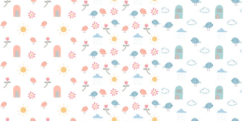Set of seamless patterns. Children's patterns. Cute balls, flowers, houses, animals