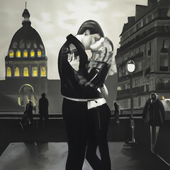 Couple en blousons de cuir, vu de profil, qui s'embrasse à Paris. - obrazy, fototapety, plakaty