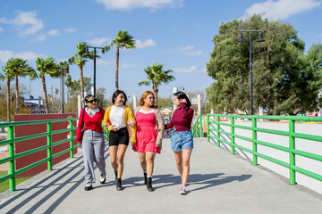 Grupo de amigas caminando de frente. Chicas dando caminata en el parque