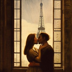 Couple qui s'embrasse dans une pi&egrave;ce aux fen&ecirc;tres ouvertes, donnant sur la Tour Eiffel