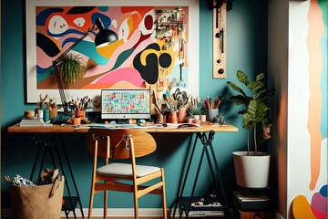  a desk with a laptop and a potted plant on it in a room with a painting on the wall and a chair in front of it.  generative ai - obrazy, fototapety, plakaty