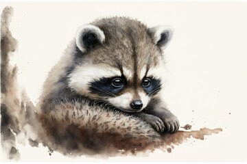Fototapeta premium a raccoon is sitting down and looking at something with a sad look on its face and eyes, with a white background and brown spots. generative ai
