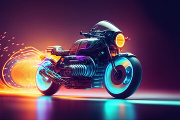 Retro-futuristic motorcycle in style of 80's riding on high speed, blurred motion and light trails.. Generative art