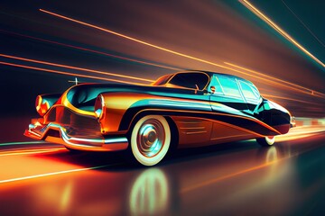 Retro-futuristic car in style of 80's riding on high speed, blurred motion and light trails.. Generative art