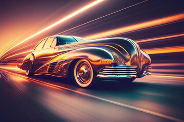 Obraz na płótnie Canvas Retro-futuristic car in style of 80's riding on high speed, blurred motion and light trails.. Generative art