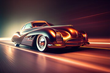 Obraz na płótnie Canvas Retro-futuristic car in style of 80's riding on high speed, blurred motion and light trails.. Generative art