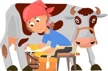 Girl milking cow. Cartoon woman farmer character