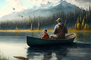  a man and a child in a boat on a lake with a mountain in the background and fish in the water below them, with a bird flying overhead.  generative ai