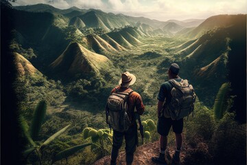 Obraz premium Illustration of explorers travelling around the world - different landscapes - Created with generative AI technology 