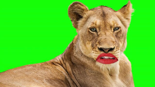 Lioness Talking Funny Mouth Lips Green Screen. Female lion with funny mouth wearing red lipstick talking on a green screen background