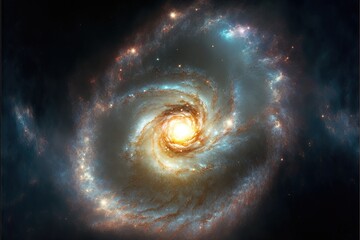  a spiral galaxy with a bright center surrounded by stars and dusts in the background, with a black background and a blue sky with white outline.  generative ai