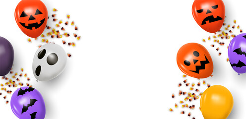 Halloween background template with realistic 3d balloons and candy corn in top view angle. Empty copy space holiday backdrop for season event or party invitation.