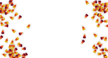 Realistic candy corn on isolated background with empty copy space. Halloween season concept for october autumn event.