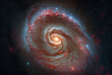  a spiral galaxy with a red and blue center and stars around it, in the dark sky, with a black background and a red and blue star.  generative ai