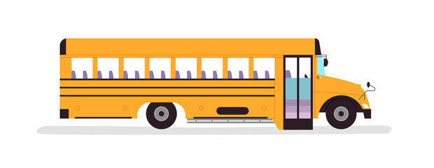 Yellow school bus vehicle illustration on isolated white background. Empty schoolbus from side view for education concept or field trip. © Dedraw Studio