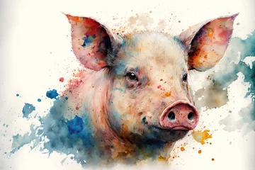 Fotobehang portrait of a pig in aquarelle style, ai generated © wernerimages