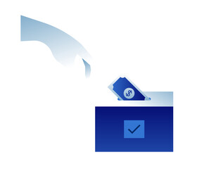 Political election illustration in modern flat gradient style. Human hand giving money to ballot box for politic campaign donation, financial bribery or voting fraud concept.