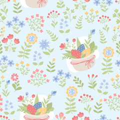 Easter floral seamless pattern. Decorative flowers and basket of Easter eggs on light blue background. Vector illustration. Botanical pattern for decor, design, packaging, wallpaper, textile.