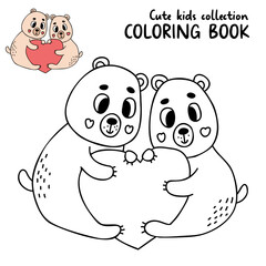 Pair of love teddy bears with big heart. Cute kids collection animals coloring pages. Vector illustration. Outline drawing for coloring book, design, decor, Valentines cards, print.