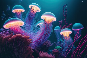  a group of jellyfish swimming in a blue sea with pink and purple lights on them and a coral reef in the background with a starfish.  generative ai - obrazy, fototapety, plakaty