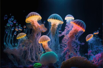  a group of jellyfish swimming in a dark sea aquarium with a black background and a blue light above them, all of which are glowing.  generative ai
