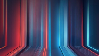 Futuristic neon empty podium stage, light reflection in water, blue and red neon, bright rays and lines, abstract background. 3D illustration