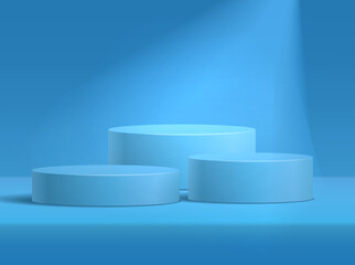 Blue podium on blue background with reflection realistic 3D vector illustration. Three simple empty cylinder geometric pedestals for product presentation