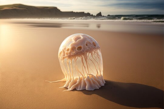  A Jellyfish Is Sitting On The Sand At The Beach With The Ocean In The Background And A Cliff In The Distance, With A Person Walking In The Distance.  Generative Ai