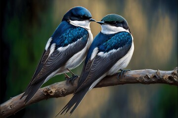 Obraz premium two birds sitting on a branch with a blurry background behind them, one is touching the other's beaks while the other is touching its beaks. generative ai