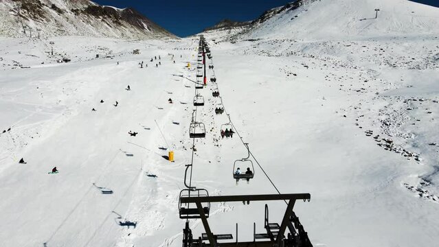 Aerial Over The Ski Resort, Ski Lift, Slope Way.