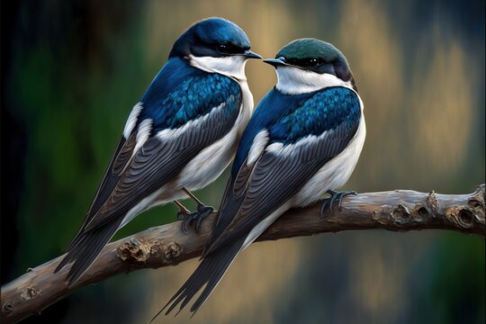  two birds sitting on a branch with a blurry background behind them, one is touching the other's beaks while the other is touching its beaks.  generative ai