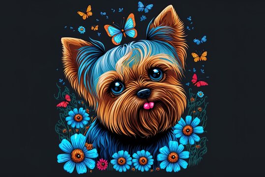 Yorkie Puppy Cartoon With Flowers And Butterfly On Blue Backdrop. Generative AI