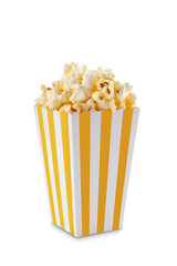 Yellow white striped carton bucket with tasty cheese popcorn, isolated on transparent background,...