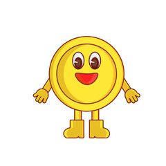 Cartoon happy yellow coin vector illustration isolated on a white background. Teaching financial literacy for kids, families. Saving budget explanation. Financial system explain.