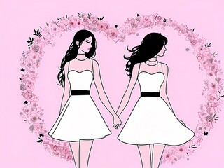 Romantic Valentine's Day Illustration - Silhouettes Female Couple Holding Hands on Pink Background  | Create social media posts, and posters to promote romantic events
