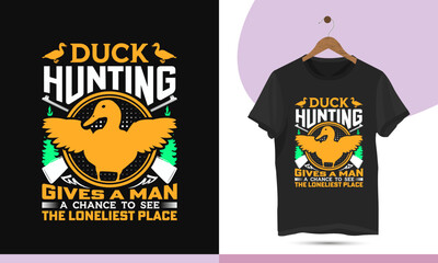 Best unique Duck Hunting t-shirt design template for all hunt lovers. Vector illustration with Deer, gun, duck, and silhouette for print on the shirt, bags, mugs, and pillows.