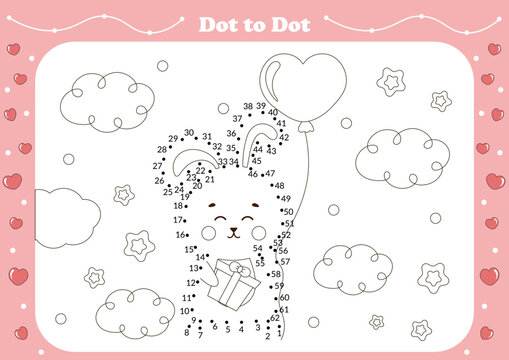 Cute dot to dot game for kids with valentine day theamed character - bunny with heart shaped balloon