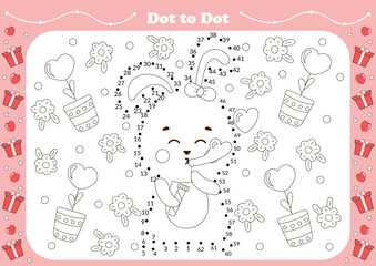Cute dot to dot game for kids with valentine day theamed character - bunny blowing bubbles. Printable worksheet for children, educational coloring book