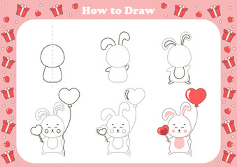 Cute how to draw game for kids with valentine day theamed character - bunny with heart shaped balloon. Printable worksheet for children