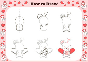 Cute how to draw game for kids with valentine day theamed character - bunny with wings, arrows and bow, little cupid. Printable worksheet for children, educational coloring book