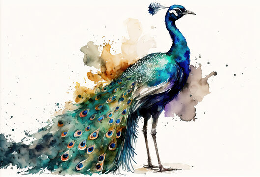 portrait of a peacock in aquarelle style, ai generated