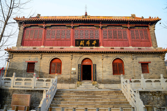 Low-angle front view of Zhoucun Ancient Temple in Zibo, Shandong Province, China
